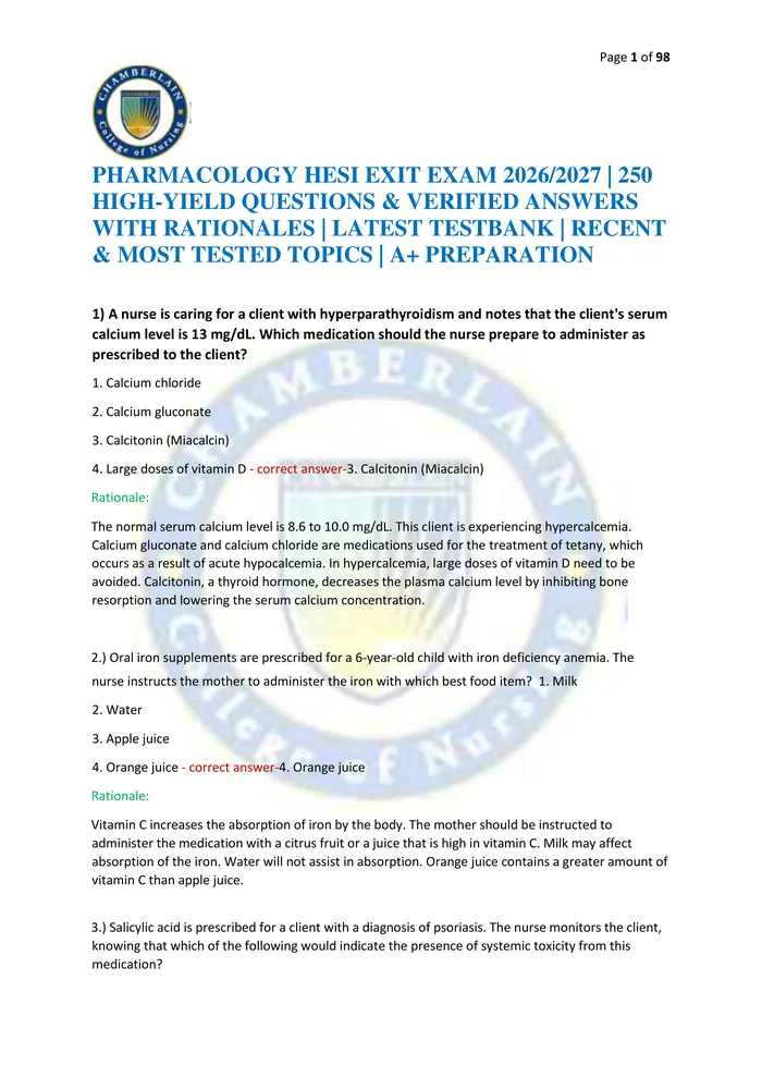 Preview of PHARMACOLOGY HESI EXIT EXAM 2026/2027 | 250 HIGH-YIELD QUESTIONS & VERIFIED ANSWERS WITH RATIONALES | LATEST TESTBANK |
