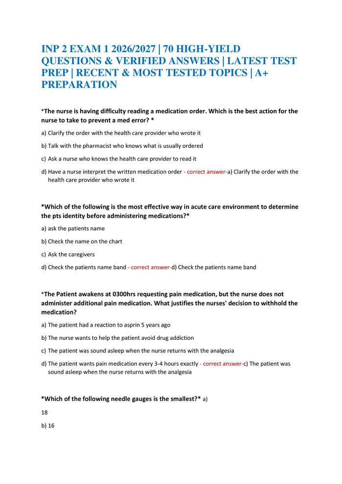 Preview of INP 2 EXAM 1 2026/2027 | 70 HIGH-YIELD QUESTIONS & VERIFIED ANSWERS | LATEST TEST PREP | RECENT & MOST TESTED TOPICS | A