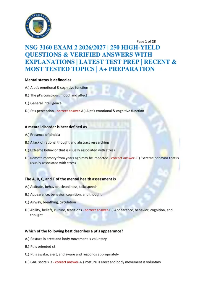 Preview of NSG 3160 EXAM 2 2026/2027 | 250 HIGH-YIELD QUESTIONS & VERIFIED ANSWERS WITH EXPLANATIONS | LATEST TEST PREP | RECENT &