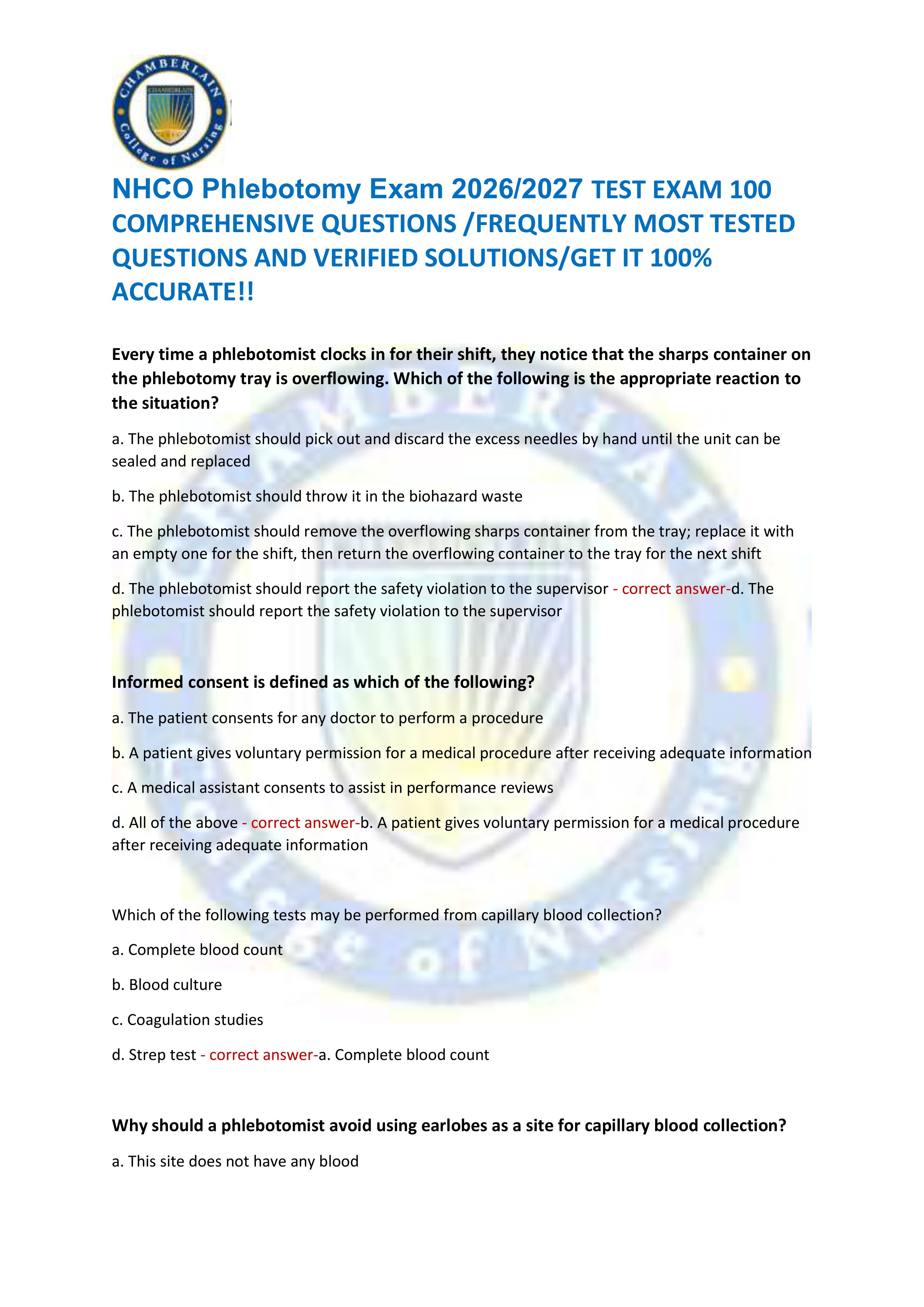 Preview of NHCO Phlebotomy Exam 2026/2027 TEST EXAM 100  COMPREHENSIVE QUESTIONS /FREQUENTLY MOST TESTED  QUESTIONS AND VERIFIED SO
