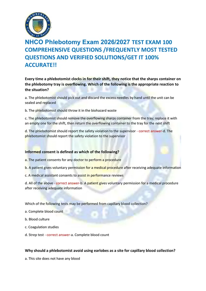 Preview of NHCO Phlebotomy Exam 2026/2027 TEST EXAM 100  COMPREHENSIVE QUESTIONS /FREQUENTLY MOST TESTED  QUESTIONS AND VERIFIED SO