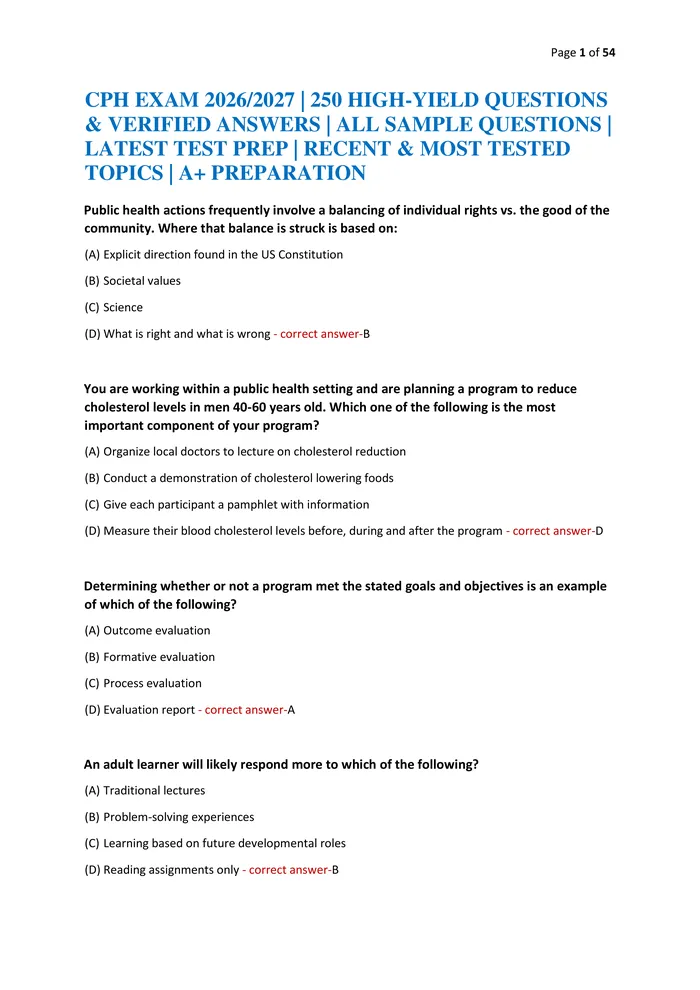Preview of CPH EXAM 2026/2027 | 250 HIGH-YIELD QUESTIONS & VERIFIED ANSWERS | ALL SAMPLE QUESTIONS | LATEST TEST PREP | RECENT & MO