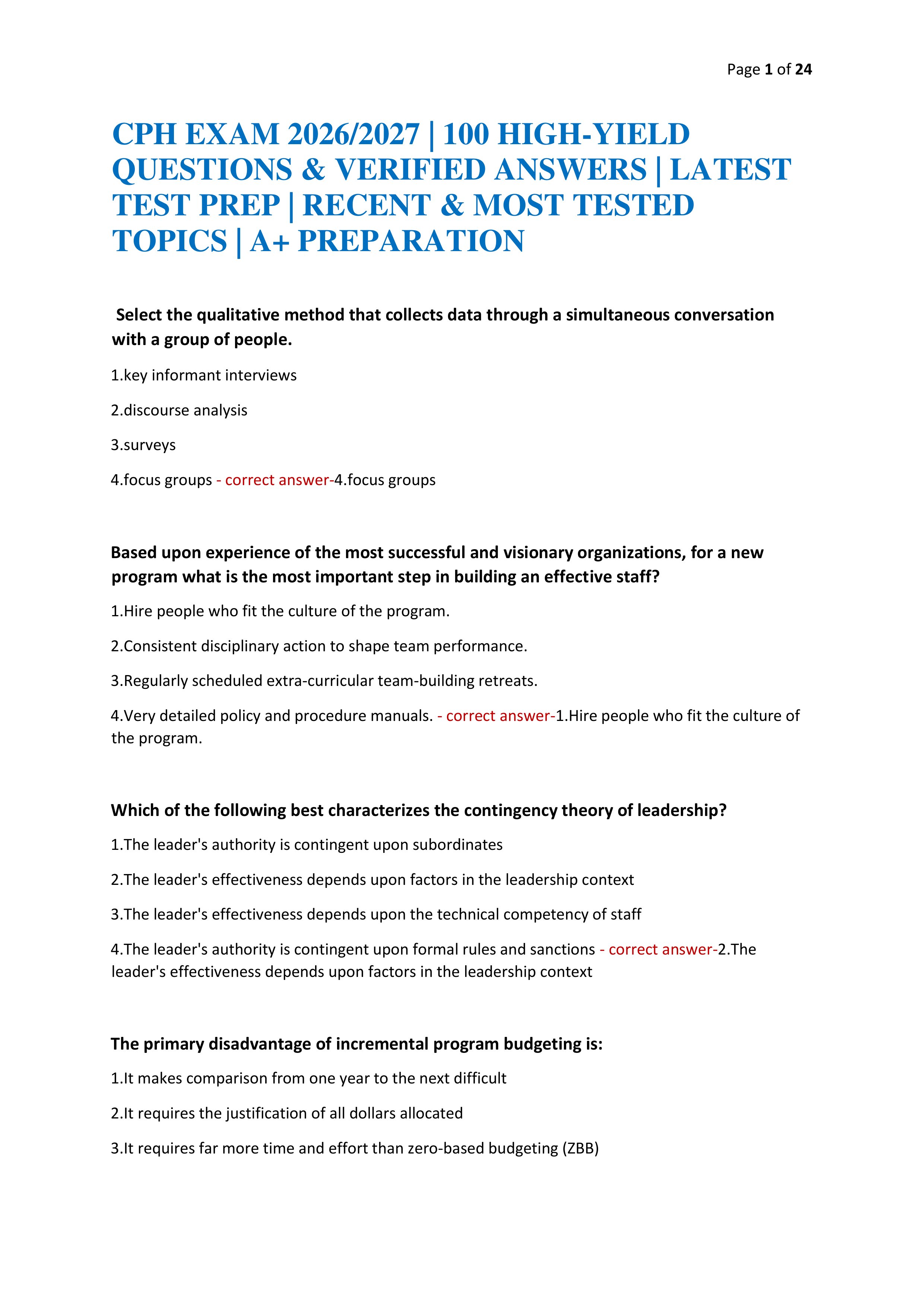 Preview of CPH EXAM 2026/2027 | 100 HIGH-YIELD QUESTIONS & VERIFIED ANSWERS | LATEST TEST PREP | RECENT & MOST TESTED TOPICS | A+ P