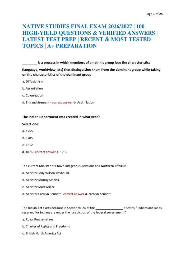 Preview of NATIVE STUDIES FINAL EXAM 2026/2027 | 100 HIGH-YIELD QUESTIONS & VERIFIED ANSWERS | LATEST TEST PREP | RECENT & MOST TES