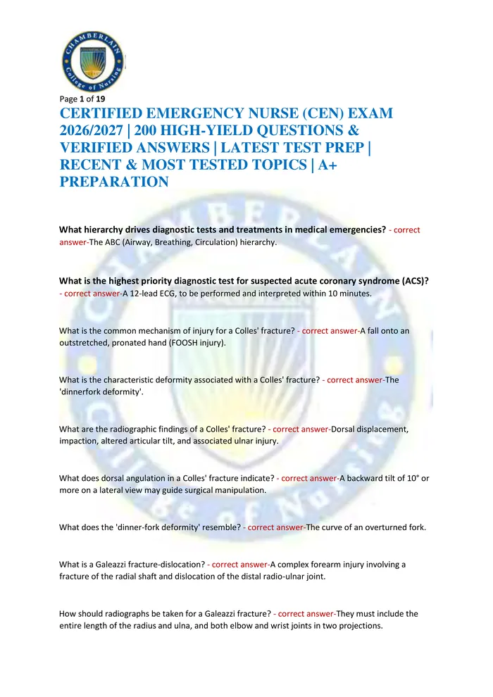 Preview of CERTIFIED EMERGENCY NURSE (CEN) EXAM 2026/2027 | 200 HIGH-YIELD QUESTIONS & VERIFIED ANSWERS | LATEST TEST PREP | RECENT