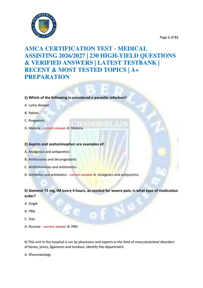 Preview of AMCA CERTIFICATION TEST - MEDICAL ASSISTING 2026/2027 | 230 HIGH-YIELD QUESTIONS & VERIFIED ANSWERS | LATEST TESTBANK |