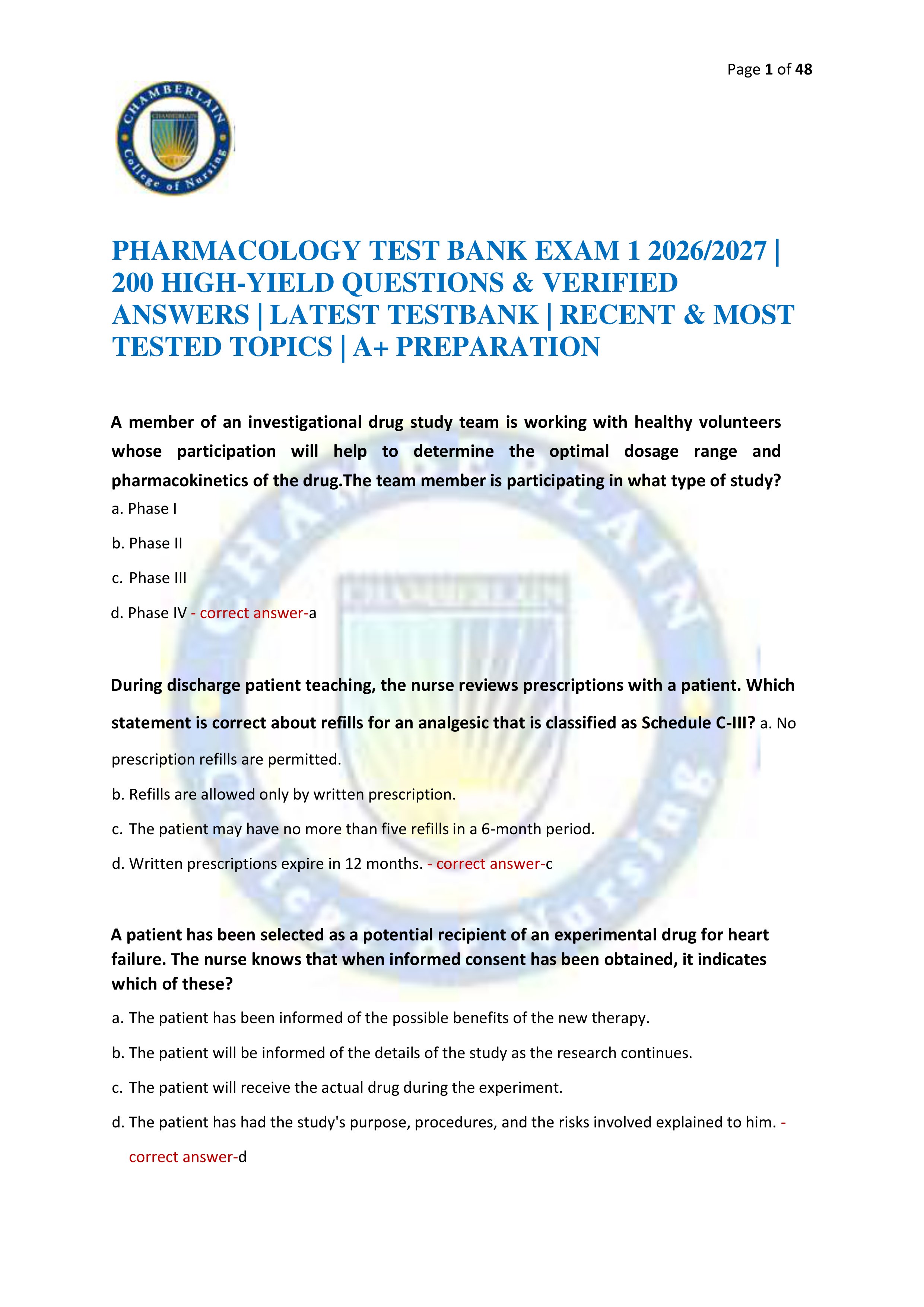 Preview of PHARMACOLOGY TEST BANK EXAM 1 2026/2027 | 200 HIGH-YIELD QUESTIONS & VERIFIED ANSWERS | LATEST TESTBANK | RECENT & MOST