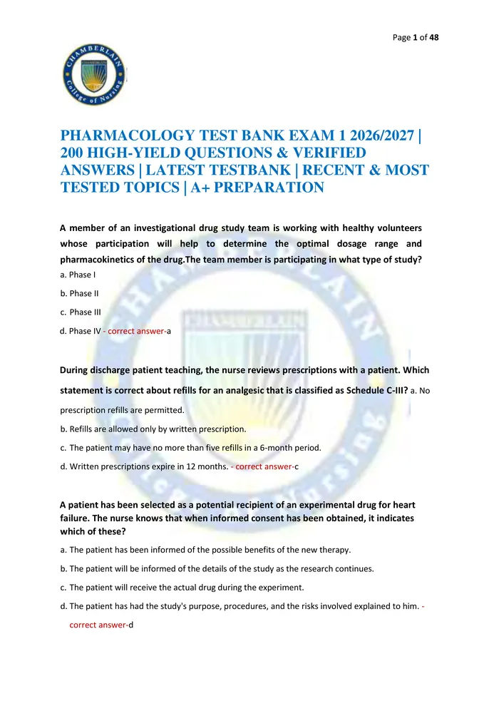 Preview of PHARMACOLOGY TEST BANK EXAM 1 2026/2027 | 200 HIGH-YIELD QUESTIONS & VERIFIED ANSWERS | LATEST TESTBANK | RECENT & MOST
