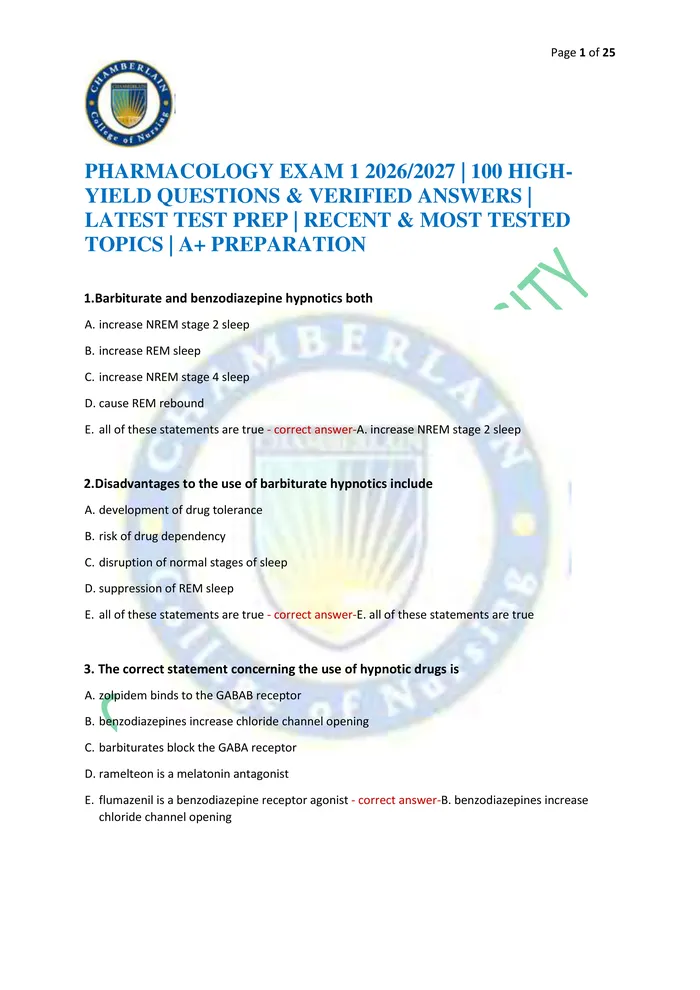 Preview of PHARMACOLOGY EXAM 1 2026/2027 | 100 HIGH-YIELD QUESTIONS & VERIFIED ANSWERS | LATEST TEST PREP | RECENT & MOST TESTED TO
