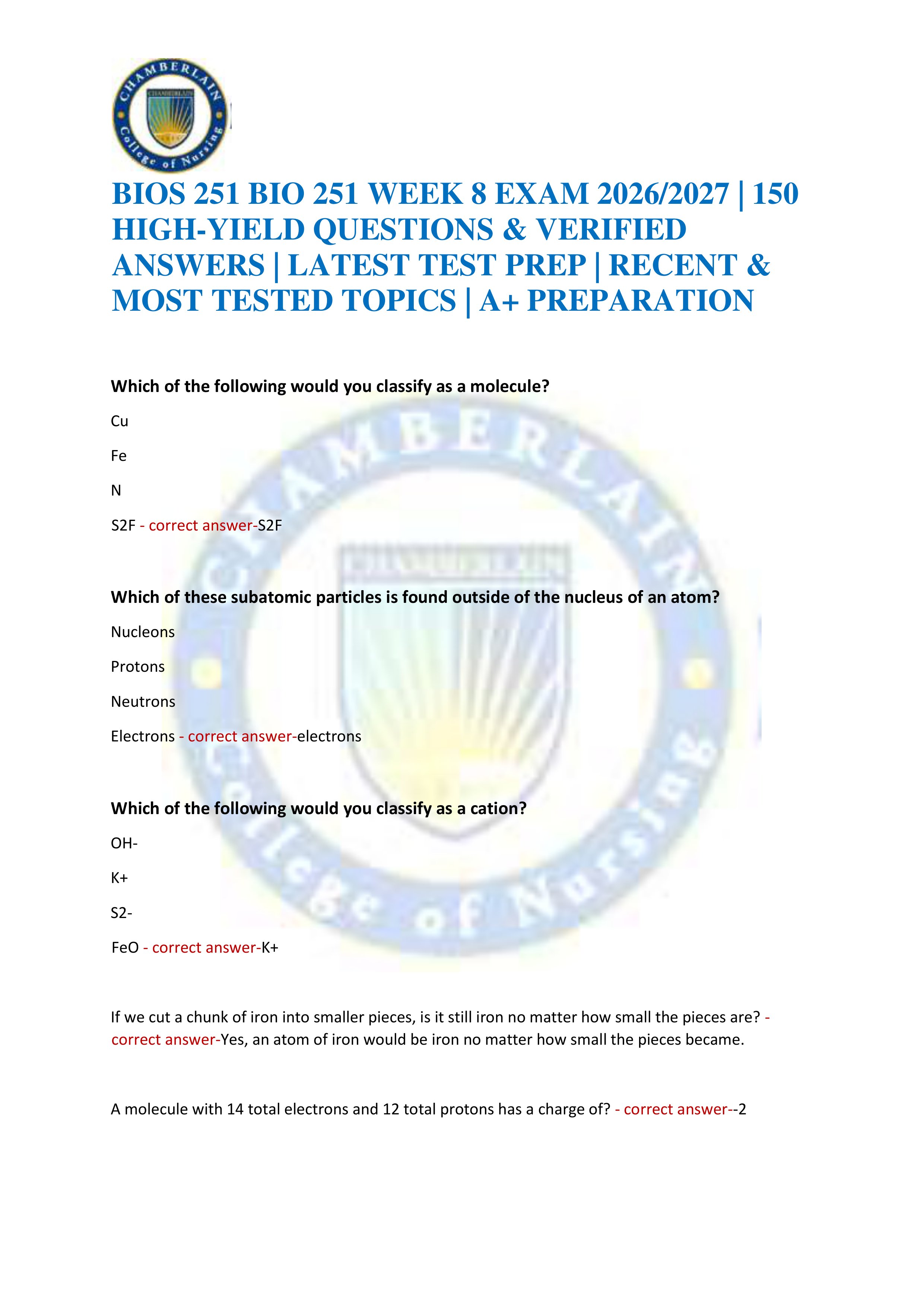 Preview of BIOS 251 BIO 251 WEEK 8 EXAM 2026/2027 | 150 HIGH-YIELD QUESTIONS & VERIFIED ANSWERS | LATEST TEST PREP | RECENT & MOST