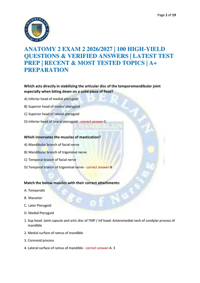 Preview of ANATOMY 2 EXAM 2 2026/2027 | 100 HIGH-YIELD QUESTIONS & VERIFIED ANSWERS | LATEST TEST PREP | RECENT & MOST TESTED TOPIC