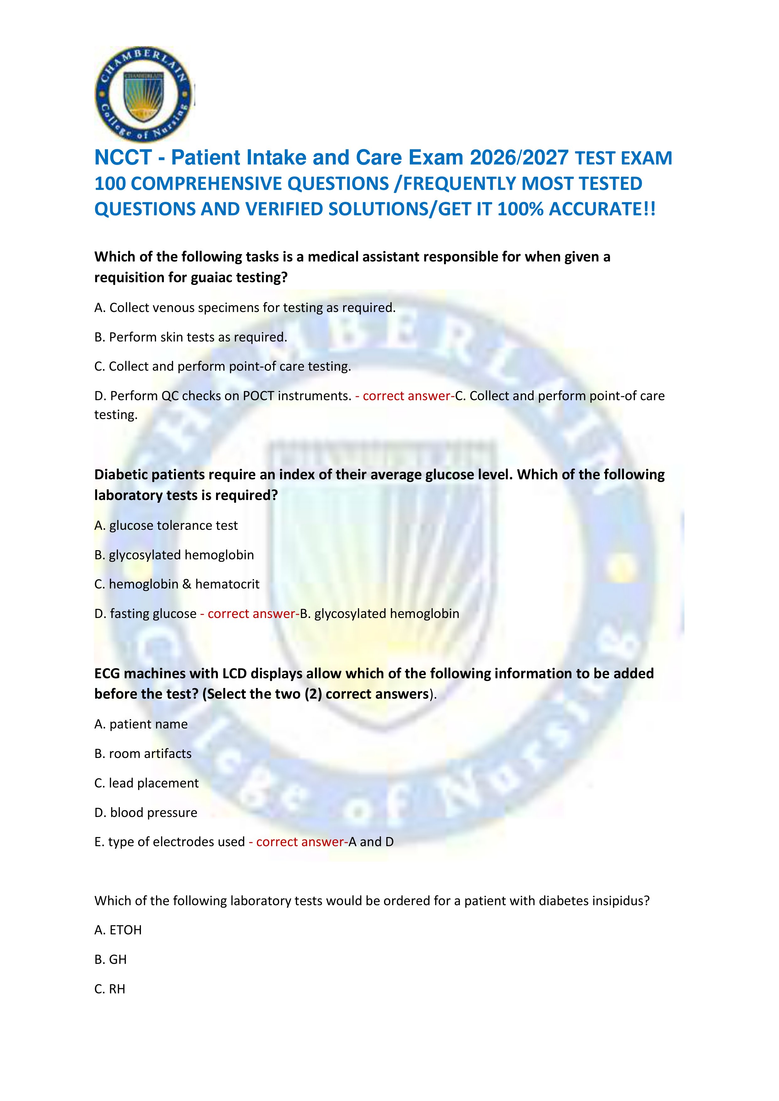 Preview of NCCT - Patient Intake and Care Exam 2026/2027 TEST EXAM  100 COMPREHENSIVE QUESTIONS /FREQUENTLY MOST TESTED  QUESTIONS