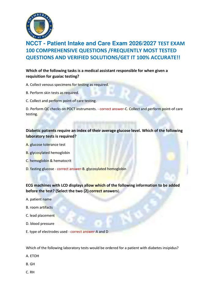 Preview of NCCT - Patient Intake and Care Exam 2026/2027 TEST EXAM  100 COMPREHENSIVE QUESTIONS /FREQUENTLY MOST TESTED  QUESTIONS