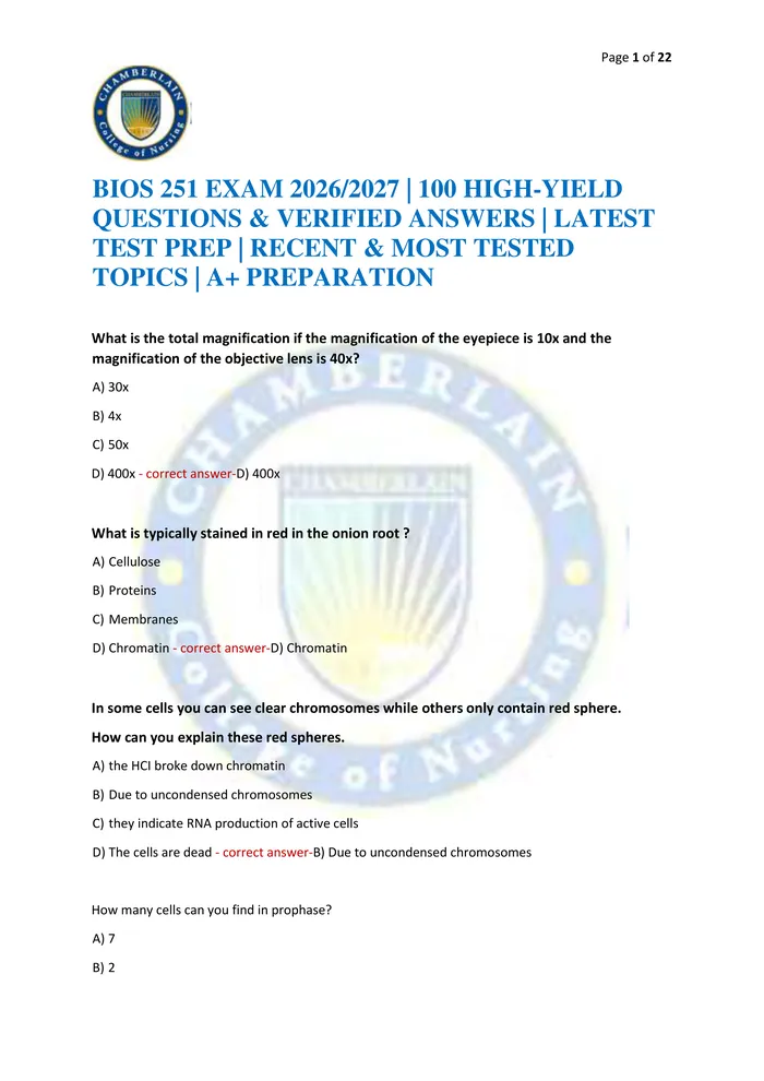 Preview of BIOS 251 EXAM 2026/2027 | 100 HIGH-YIELD QUESTIONS & VERIFIED ANSWERS | LATEST TEST PREP | RECENT & MOST TESTED TOPICS |