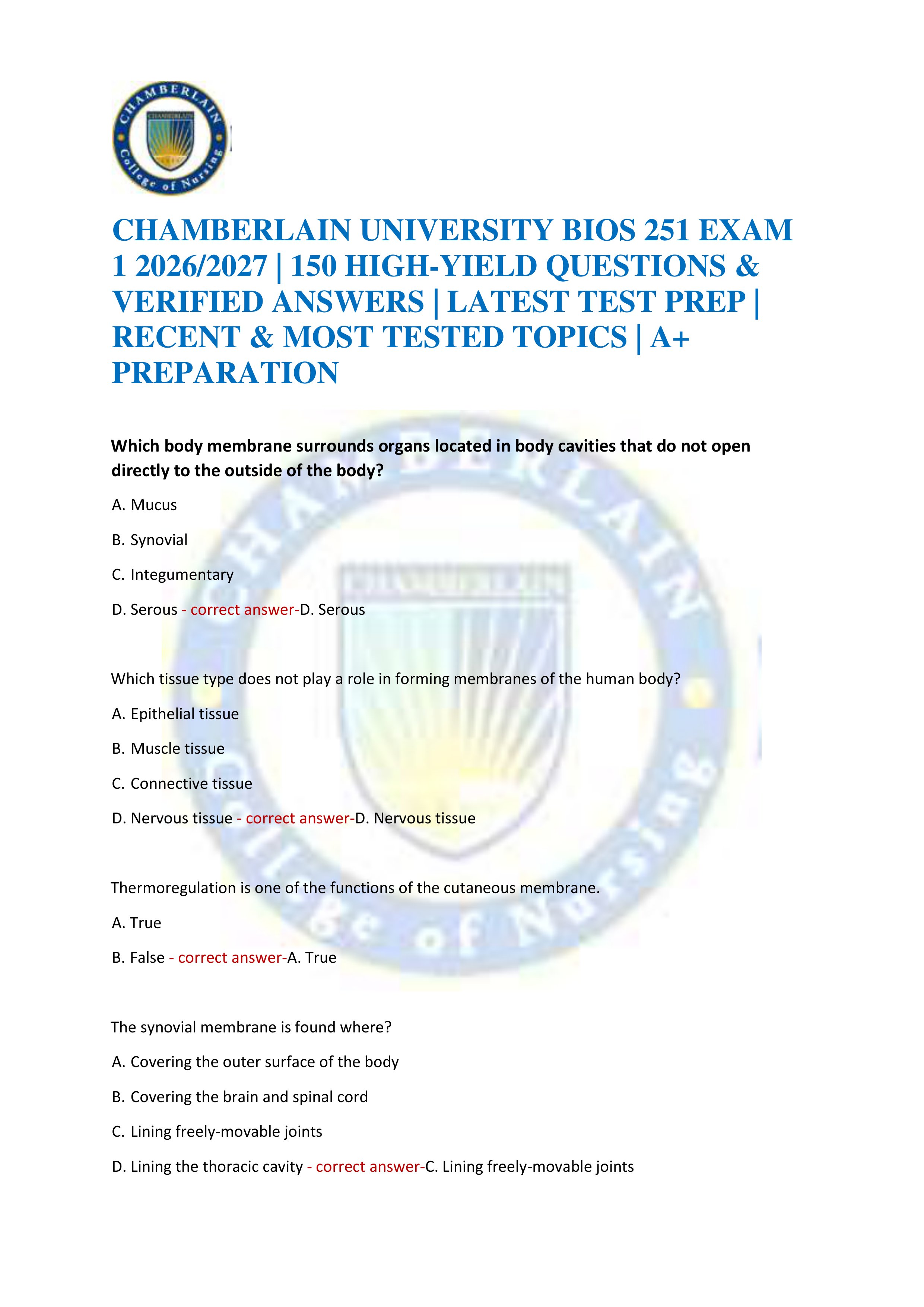 Preview of CHAMBERLAIN UNIVERSITY BIOS 251 EXAM 1 2026/2027 | 150 HIGH-YIELD QUESTIONS & VERIFIED ANSWERS | LATEST TEST PREP | RECE