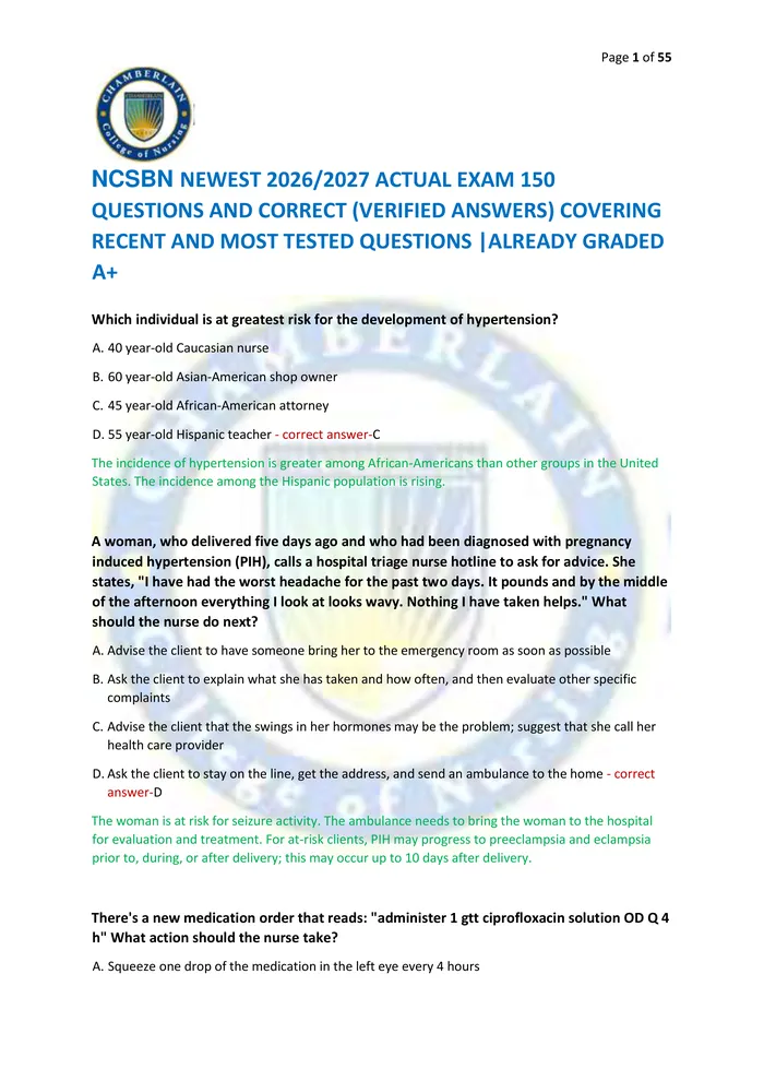 Preview of NCSBN NEWEST 2026/2027 ACTUAL EXAM 150  QUESTIONS AND CORRECT (VERIFIED ANSWERS) COVERING  RECENT AND MOST TESTED QUESTI