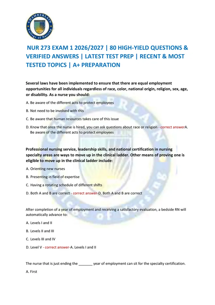 Preview of NUR 273 EXAM 1 2026/2027 | 80 HIGH-YIELD QUESTIONS & VERIFIED ANSWERS | LATEST TEST PREP | RECENT & MOST TESTED TOPICS |