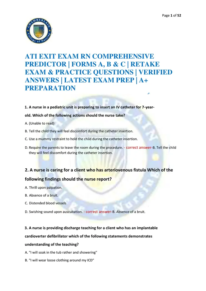Preview of ATI EXIT EXAM RN COMPREHENSIVE PREDICTOR | FORMS A, B & C | RETAKE EXAM & PRACTICE QUESTIONS | VERIFIED ANSWERS | LATEST