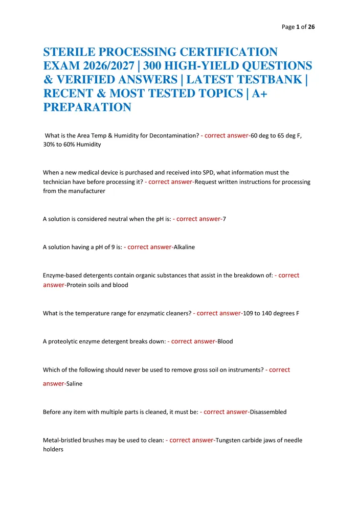 Preview of STERILE PROCESSING CERTIFICATION EXAM 2026/2027 | 300 HIGH-YIELD QUESTIONS & VERIFIED ANSWERS | LATEST TESTBANK | RECENT