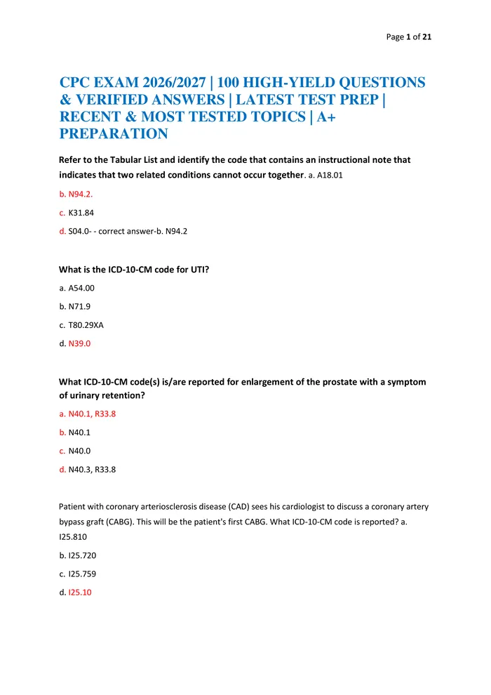 Preview of CPC EXAM 2026/2027 | 100 HIGH-YIELD QUESTIONS & VERIFIED ANSWERS | LATEST TEST PREP | RECENT & MOST TESTED TOPICS | A+ P
