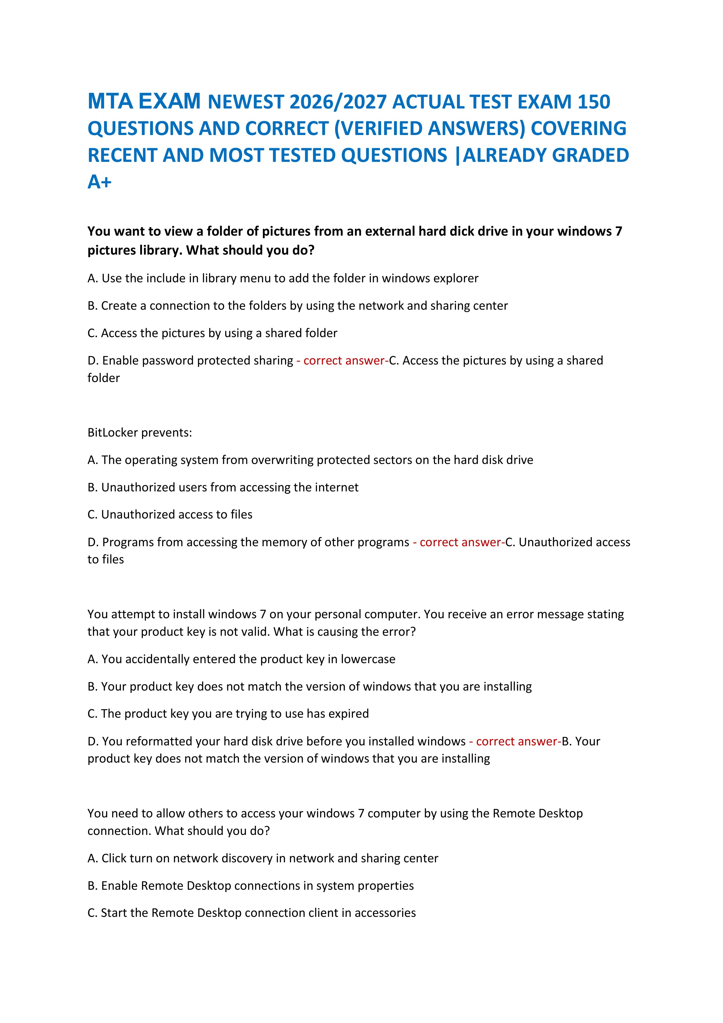 Preview of MTA EXAM NEWEST 2026/2027 ACTUAL TEST EXAM 150  QUESTIONS AND CORRECT (VERIFIED ANSWERS) COVERING  RECENT AND MOST TESTE