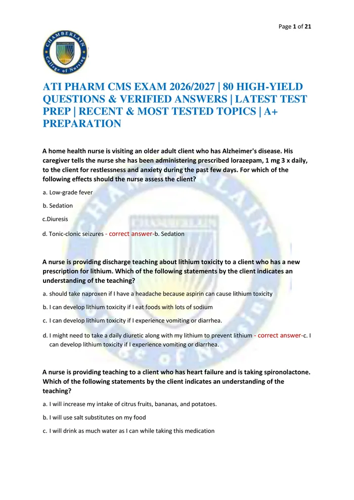 Preview of ATI PHARM CMS EXAM 2026/2027 | 80 HIGH-YIELD QUESTIONS & VERIFIED ANSWERS | LATEST TEST PREP | RECENT & MOST TESTED TOPI