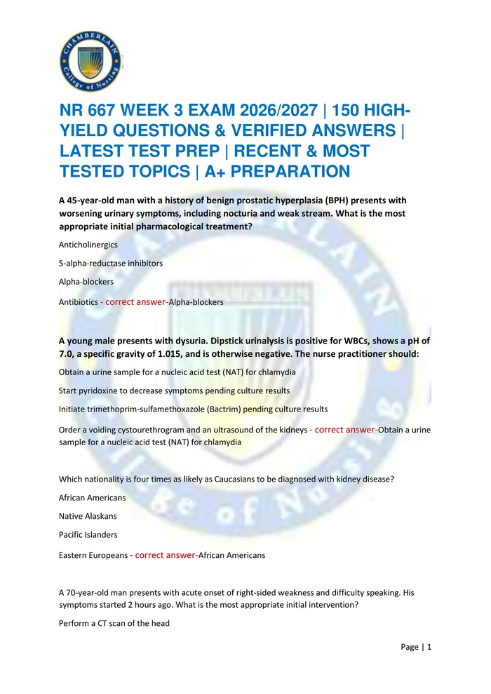 Preview of NR 667 WEEK 3 EXAM 2026/2027 | 150 HIGH-YIELD QUESTIONS & VERIFIED ANSWERS | LATEST TEST PREP | RECENT & MOST TESTED TOP