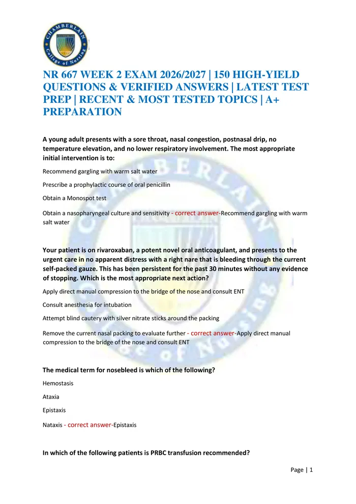 Preview of NR 667 WEEK 2 EXAM 2026/2027 | 150 HIGH-YIELD QUESTIONS & VERIFIED ANSWERS | LATEST TEST PREP | RECENT & MOST TESTED TOP