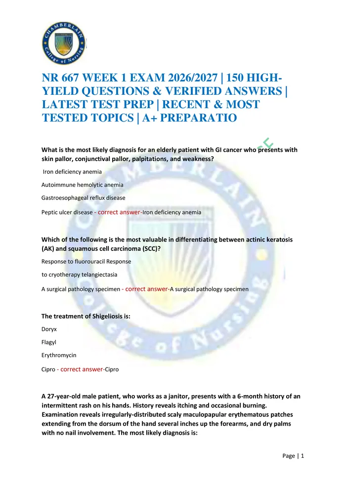 Preview of NR 667 WEEK 1 EXAM 2026/2027 | 150 HIGH-YIELD QUESTIONS & VERIFIED ANSWERS | LATEST TEST PREP | RECENT & MOST TESTED TOP