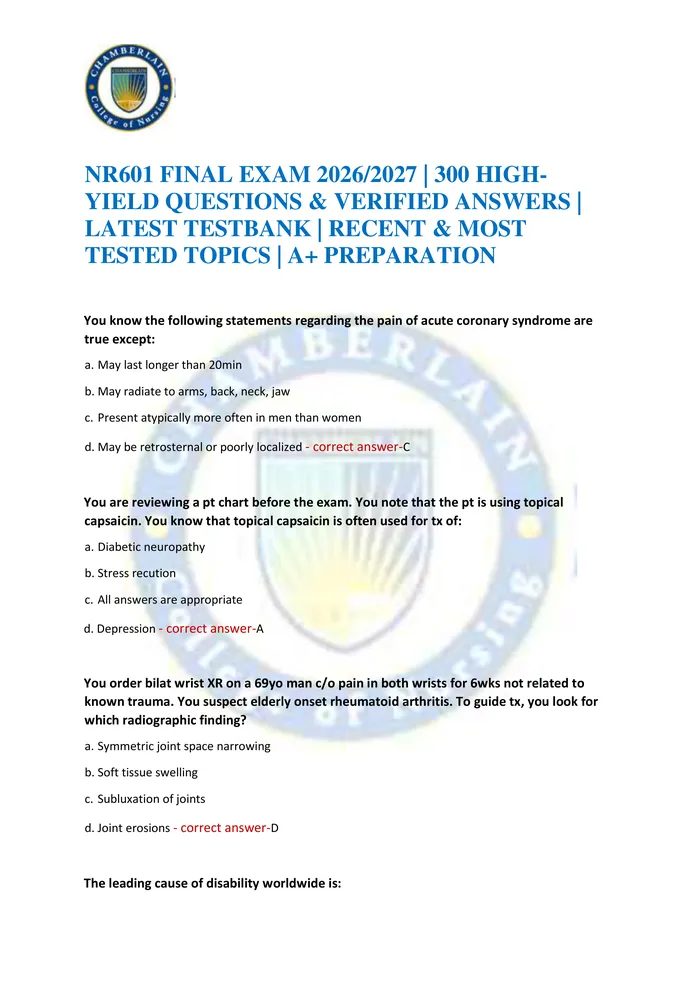 Preview of NR601 FINAL EXAM 2026/2027 | 300 HIGH-YIELD QUESTIONS & VERIFIED ANSWERS | LATEST TESTBANK | RECENT & MOST TESTED TOPICS