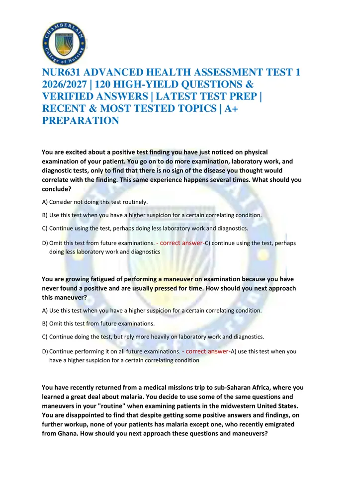 Preview of NUR631 ADVANCED HEALTH ASSESSMENT TEST 1 2026/2027 | 120 HIGH-YIELD QUESTIONS & VERIFIED ANSWERS | LATEST TEST PREP | RE