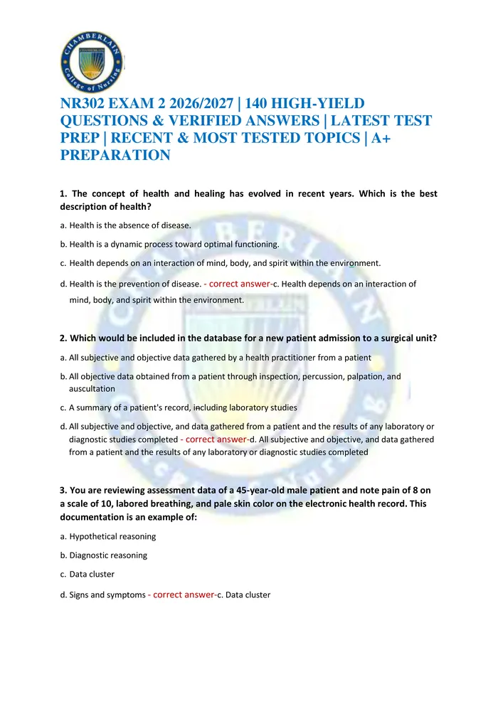 Preview of NR302 EXAM 2 2026/2027 | 140 HIGH-YIELD QUESTIONS & VERIFIED ANSWERS | LATEST TEST PREP | RECENT & MOST TESTED TOPICS |