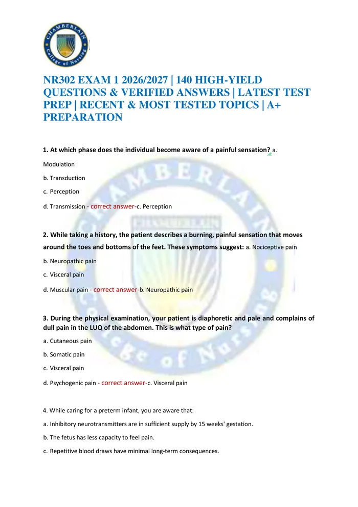 Preview of NR302 EXAM 1 2026/2027 | 140 HIGH-YIELD QUESTIONS & VERIFIED ANSWERS | LATEST TEST PREP | RECENT & MOST TESTED TOPICS |