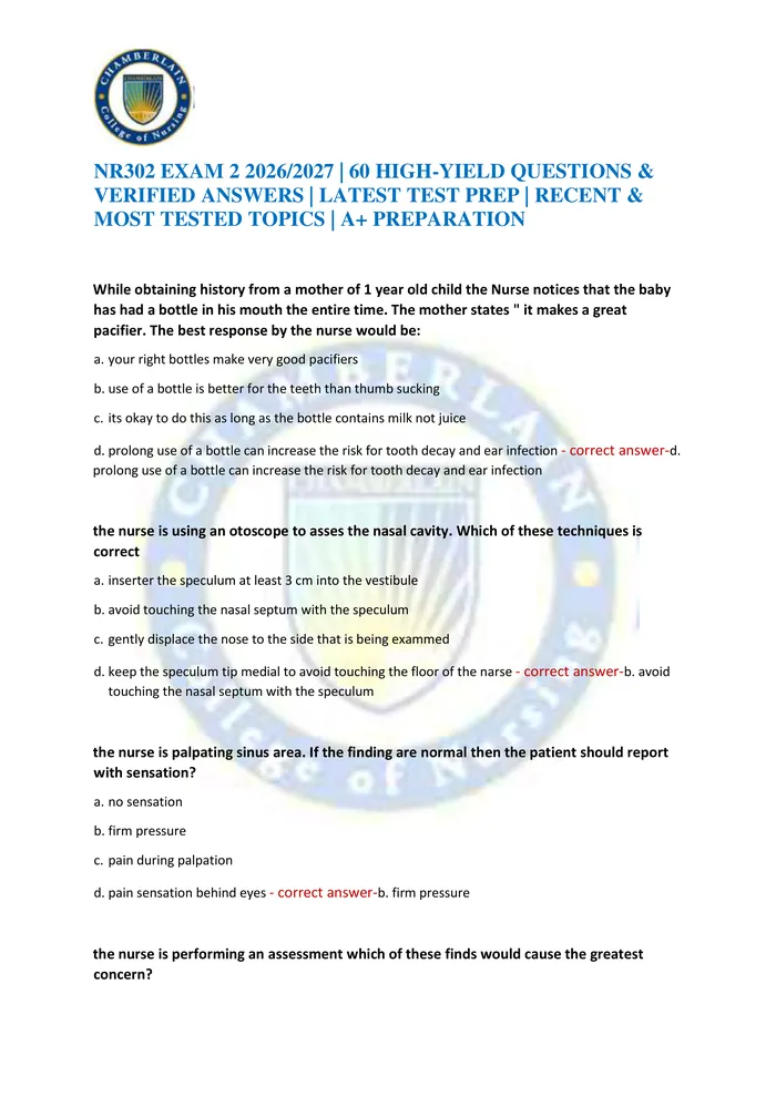 Preview of NR302 EXAM 2 2026/2027 | 60 HIGH-YIELD QUESTIONS & VERIFIED ANSWERS | LATEST TEST PREP | RECENT & MOST TESTED TOPICS | A