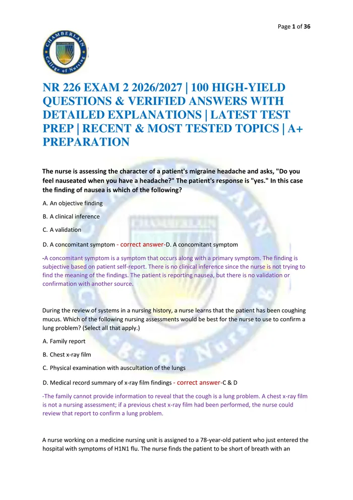 Preview of NR 226 EXAM 2 2026/2027 | 100 HIGH-YIELD QUESTIONS & VERIFIED ANSWERS WITH DETAILED EXPLANATIONS | LATEST TEST PREP | RE