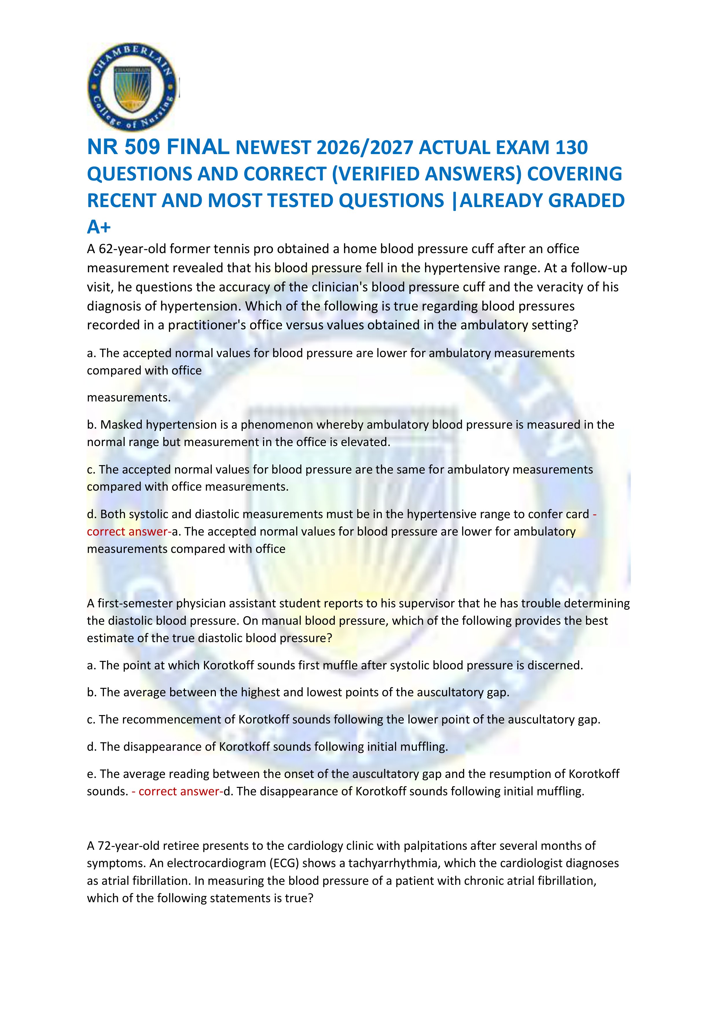 Preview of NR 509 FINAL NEWEST 2026/2027 ACTUAL EXAM 130  QUESTIONS AND CORRECT (VERIFIED ANSWERS) COVERING  RECENT AND MOST TESTED