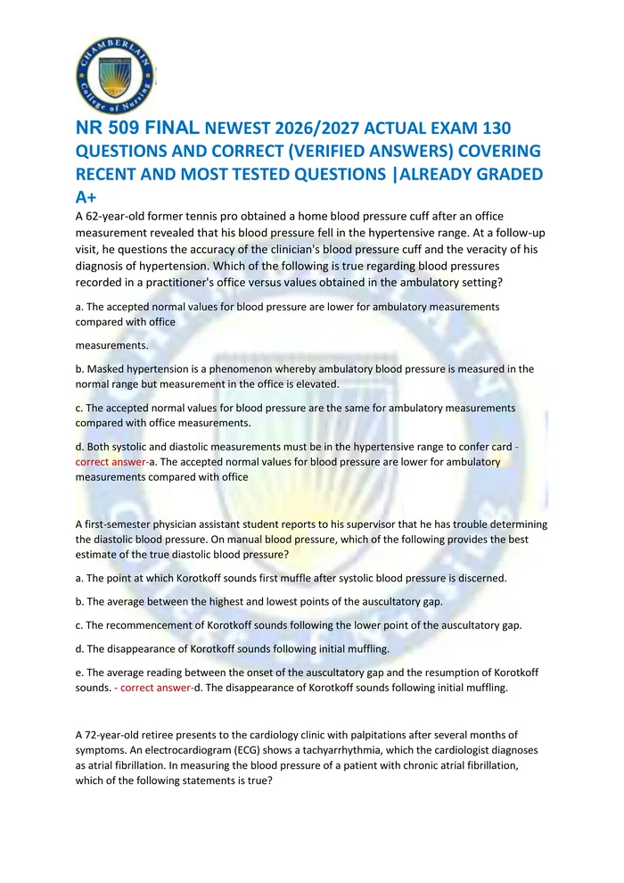 Preview of NR 509 FINAL NEWEST 2026/2027 ACTUAL EXAM 130  QUESTIONS AND CORRECT (VERIFIED ANSWERS) COVERING  RECENT AND MOST TESTED
