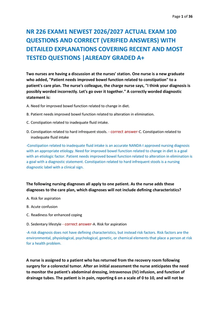 Preview of NR 226 EXAM1 NEWEST 2026/2027 ACTUAL EXAM 100  QUESTIONS AND CORRECT (VERIFIED ANSWERS) WITH  DETAILED EXPLANATIONS COVE