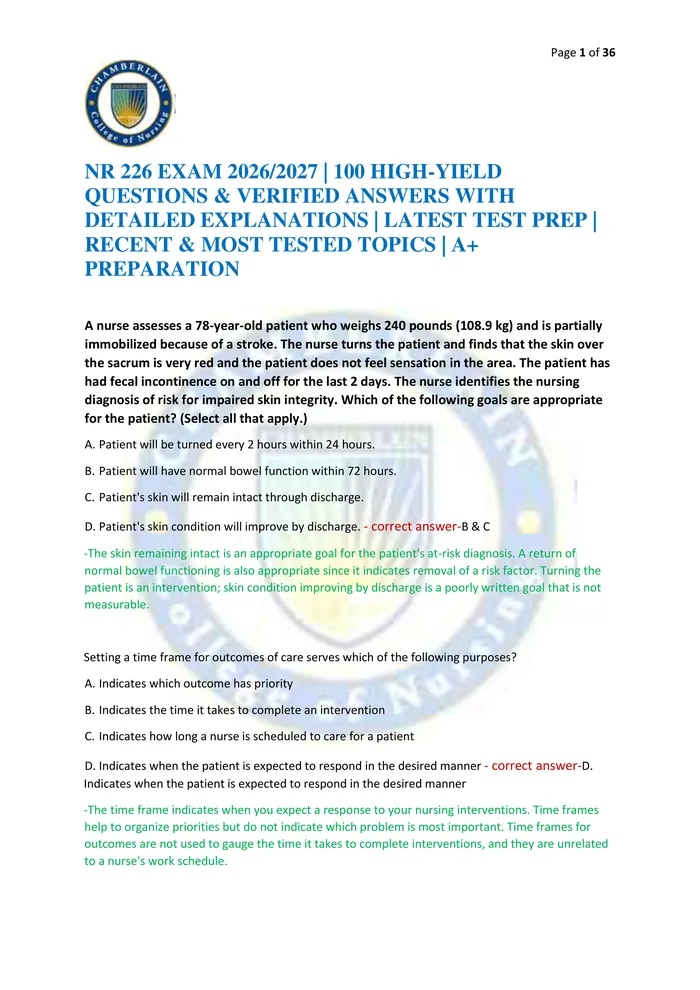 Preview of NR 226 EXAM 2026/2027 | 100 HIGH-YIELD QUESTIONS & VERIFIED ANSWERS WITH DETAILED EXPLANATIONS | LATEST TEST PREP | RECE