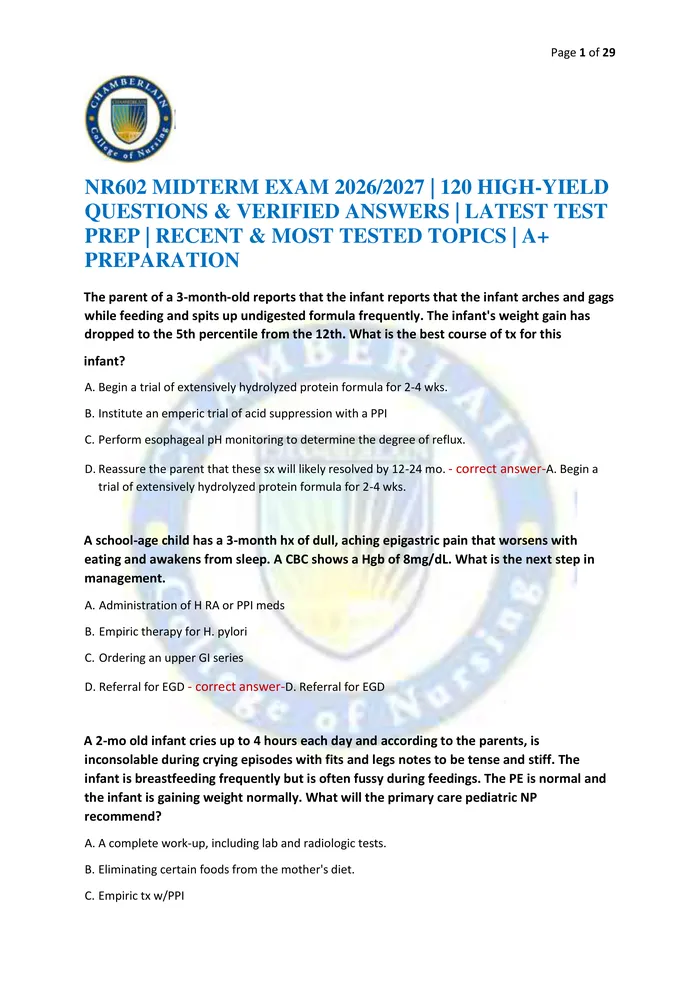 Preview of NR602 MIDTERM EXAM 2026/2027 | 120 HIGH-YIELD QUESTIONS & VERIFIED ANSWERS | LATEST TEST PREP | RECENT & MOST TESTED TOP