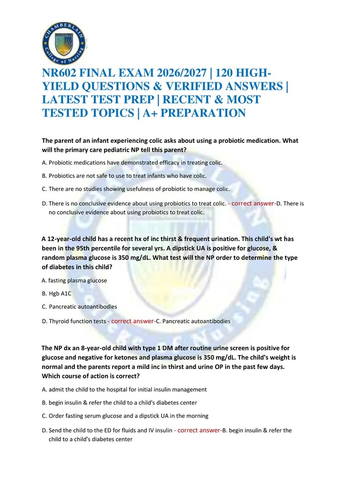 Preview of NR602 FINAL EXAM 2026/2027 | 120 HIGH-YIELD QUESTIONS & VERIFIED ANSWERS | LATEST TEST PREP | RECENT & MOST TESTED TOPIC