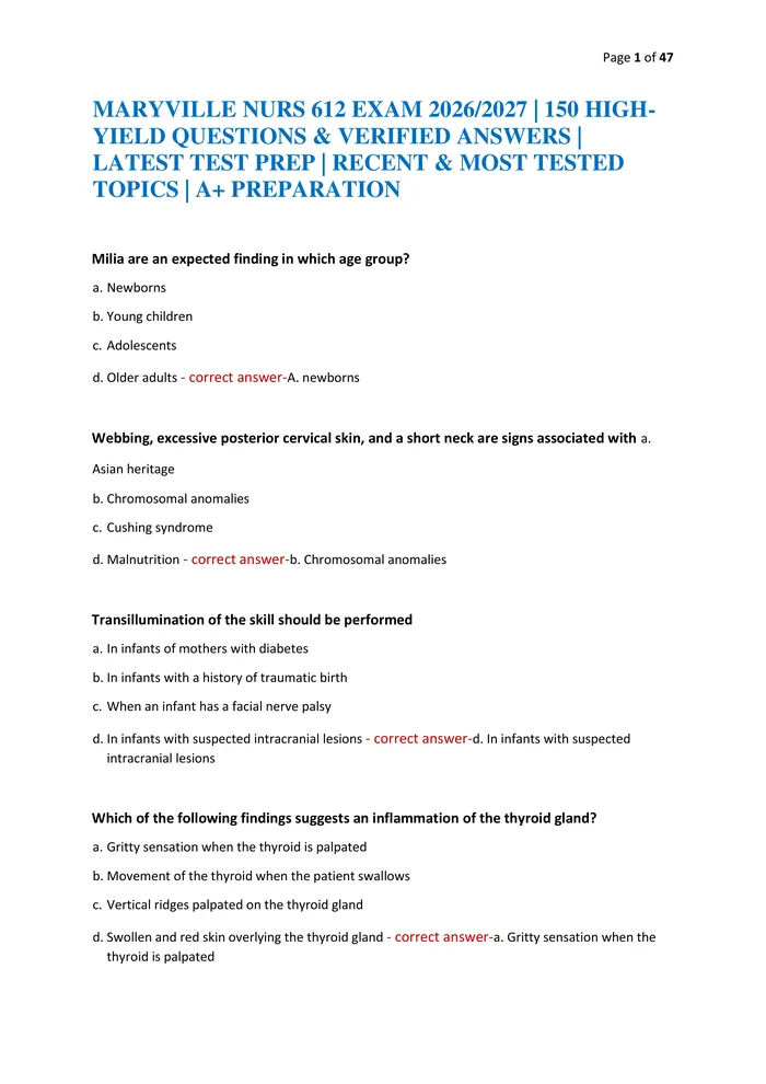 Preview of MARYVILLE NURS 612 EXAM 2026/2027 | 150 HIGH-YIELD QUESTIONS & VERIFIED ANSWERS | LATEST TEST PREP | RECENT & MOST TESTE