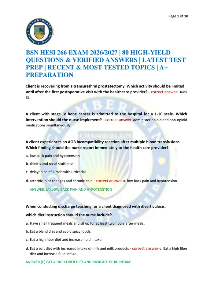 Preview of BSN HESI 266 EXAM 2026/2027 | 80 HIGH-YIELD QUESTIONS & VERIFIED ANSWERS | LATEST TEST PREP | RECENT & MOST TESTED TOPIC