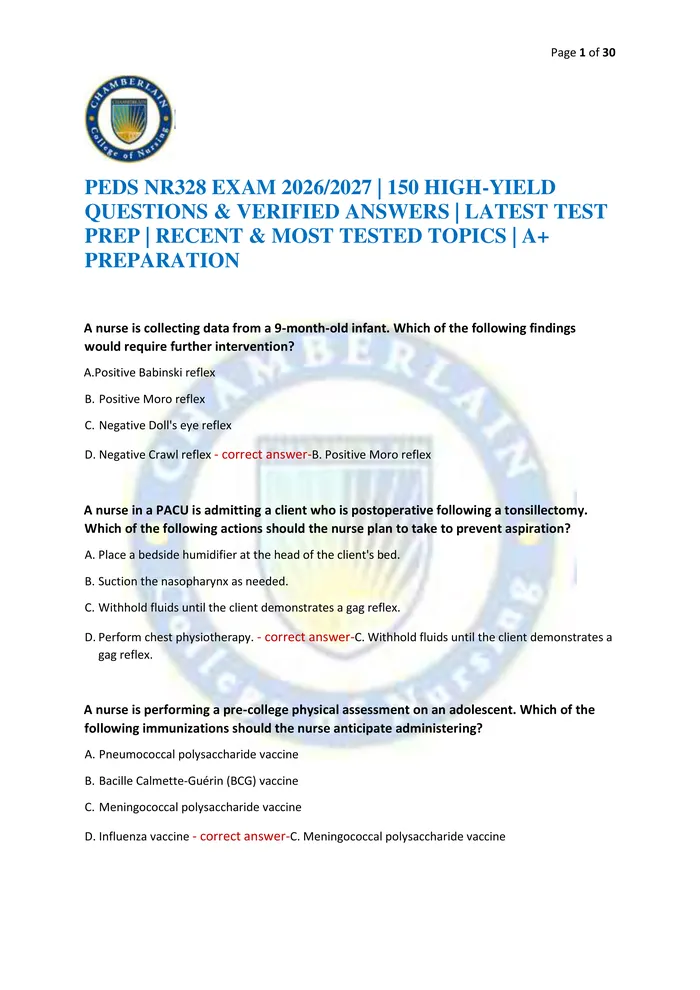 Preview of PEDS NR328 EXAM 2026/2027 | 150 HIGH-YIELD QUESTIONS & VERIFIED ANSWERS | LATEST TEST PREP | RECENT & MOST TESTED TOPICS