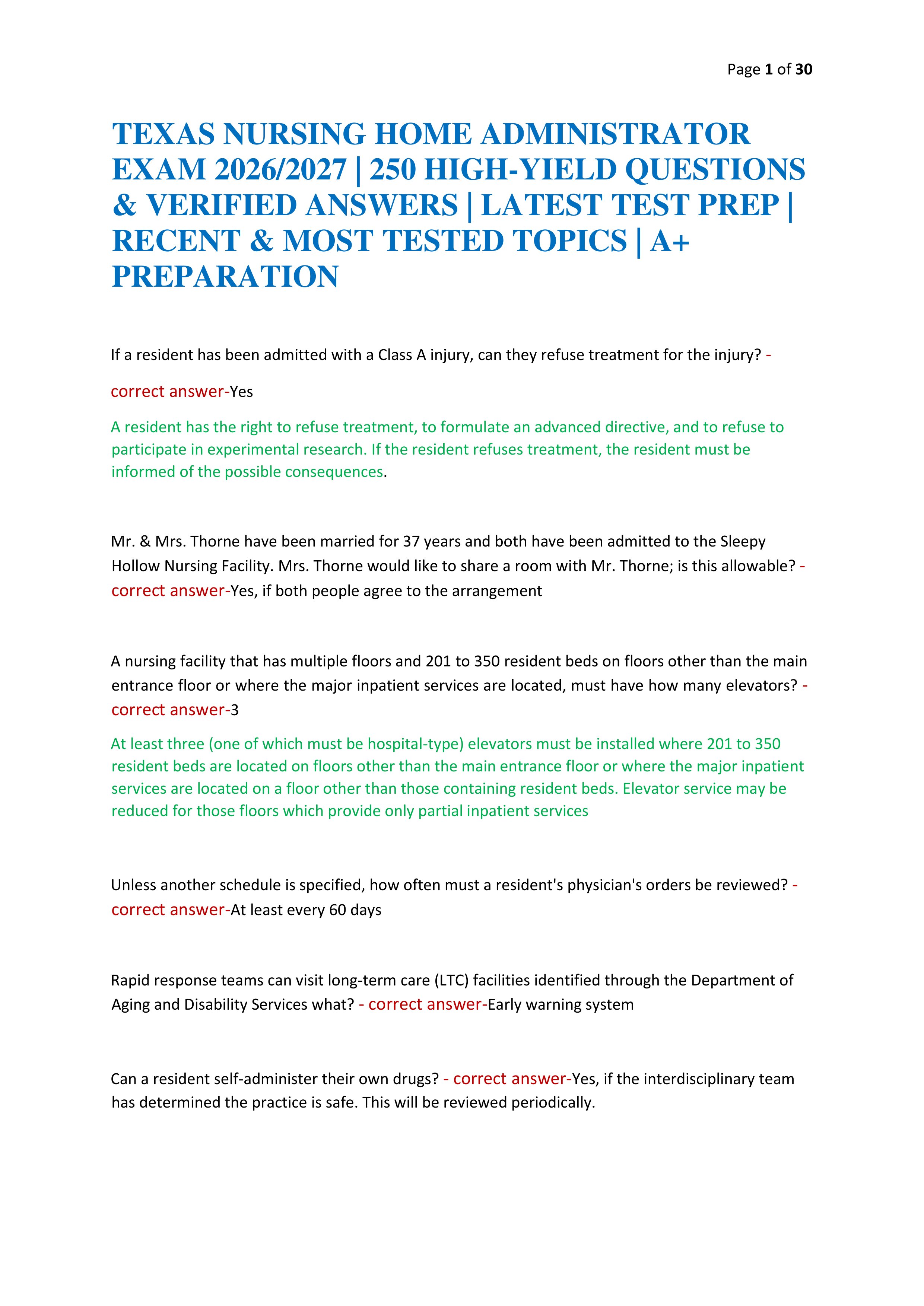 Preview of TEXAS NURSING HOME ADMINISTRATOR EXAM 2026/2027 | 250 HIGH-YIELD QUESTIONS & VERIFIED ANSWERS | LATEST TEST PREP | RECEN