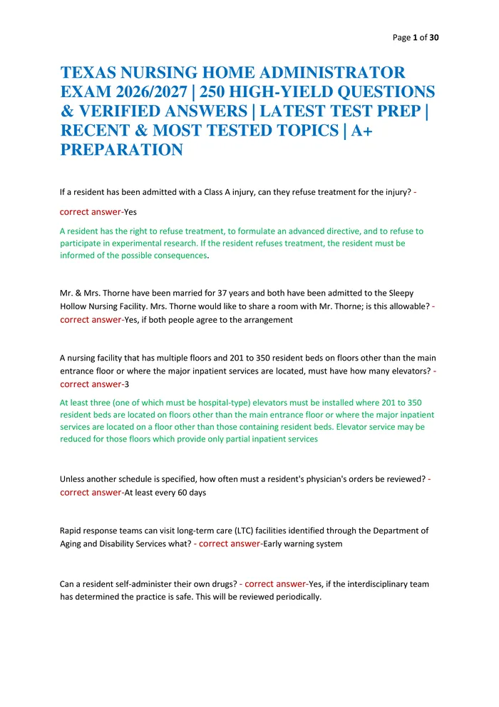 Preview of TEXAS NURSING HOME ADMINISTRATOR EXAM 2026/2027 | 250 HIGH-YIELD QUESTIONS & VERIFIED ANSWERS | LATEST TEST PREP | RECEN