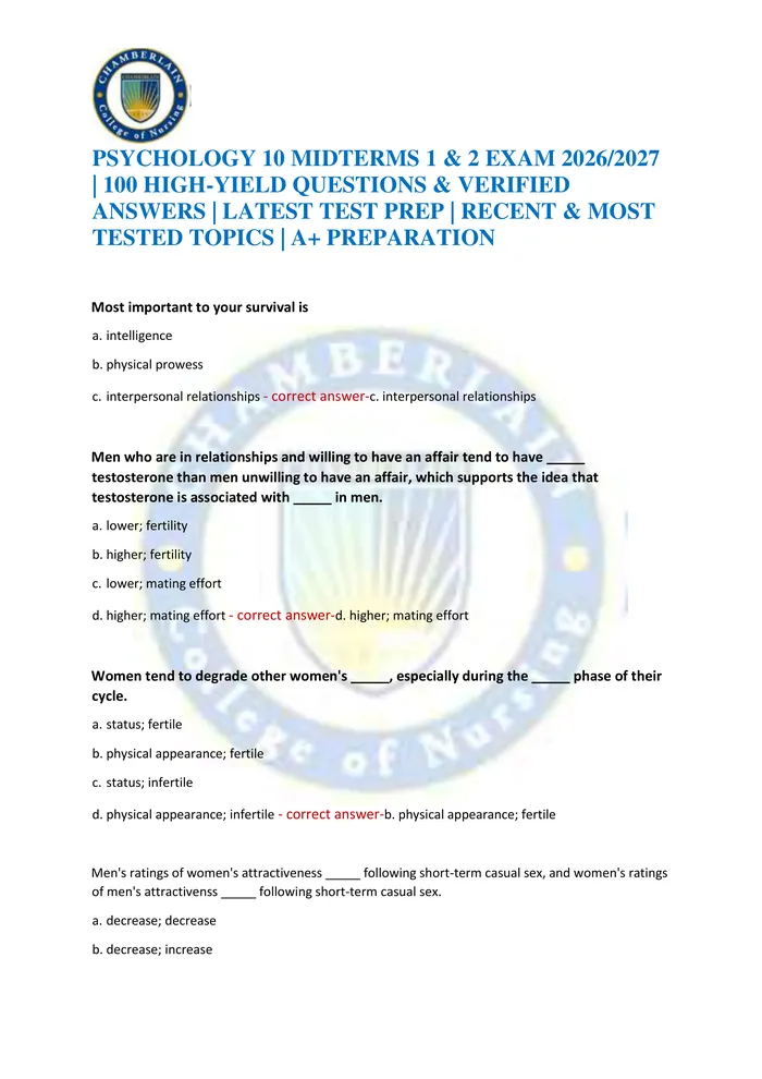 Preview of PSYCHOLOGY 10 MIDTERMS 1 & 2 EXAM 2026/2027 | 100 HIGH-YIELD QUESTIONS & VERIFIED ANSWERS | LATEST TEST PREP | RECENT &