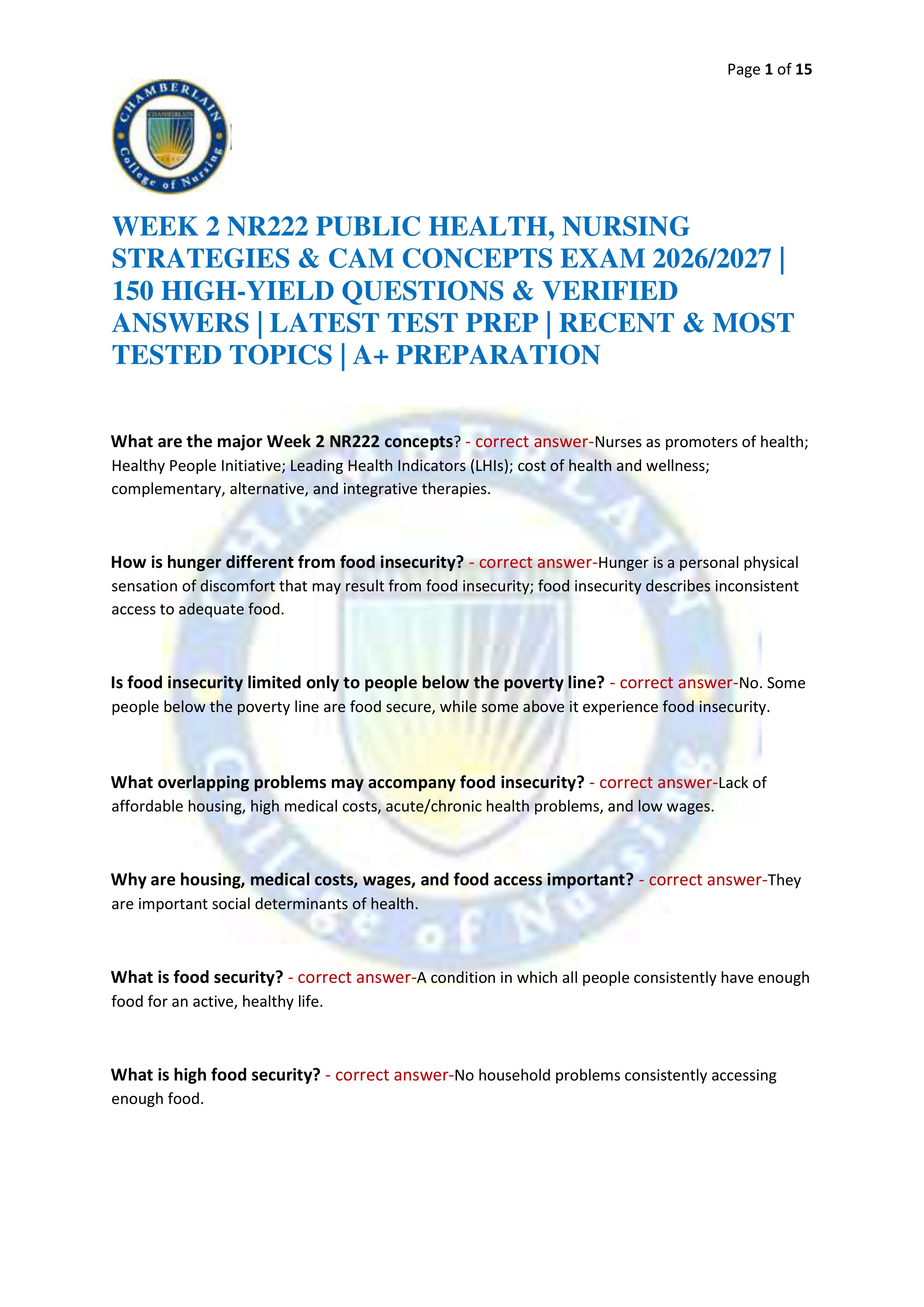 Preview of WEEK 2 NR222 PUBLIC HEALTH, NURSING STRATEGIES & CAM CONCEPTS EXAM 2026/2027 | 150 HIGH-YIELD QUESTIONS & VERIFIED ANSWE