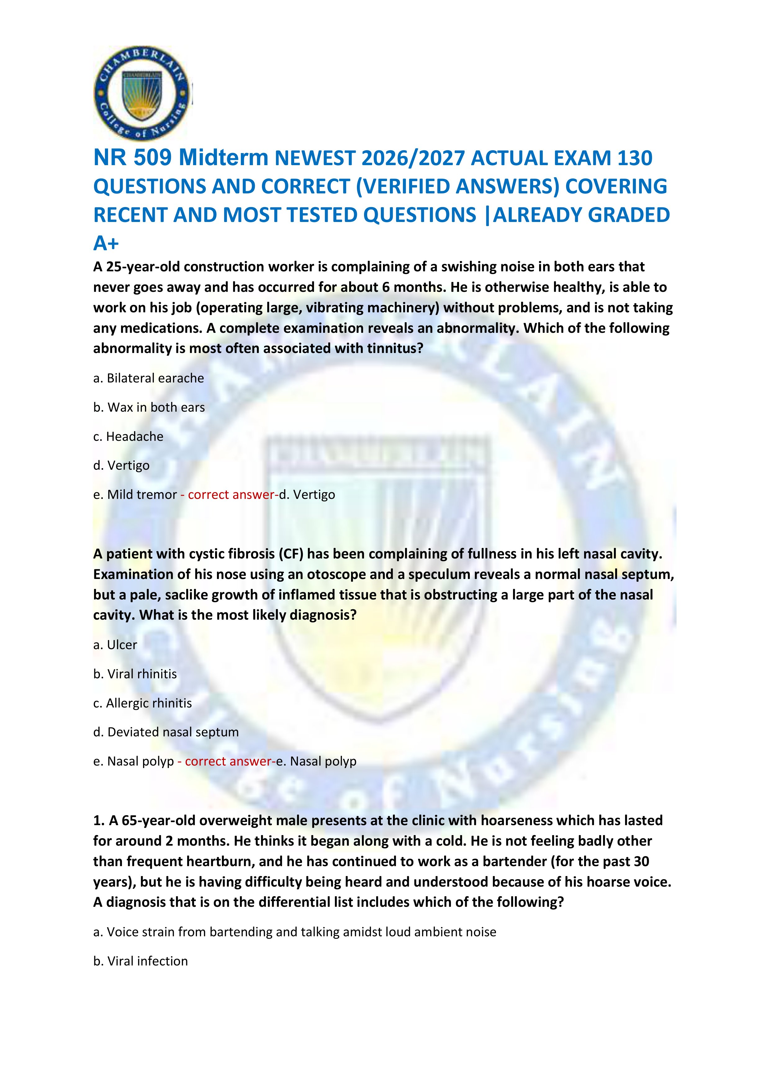 Preview of NR 509 Midterm NEWEST 2026/2027 ACTUAL EXAM 130  QUESTIONS AND CORRECT (VERIFIED ANSWERS) COVERING  RECENT AND MOST TEST