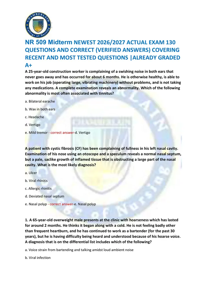 Preview of NR 509 Midterm NEWEST 2026/2027 ACTUAL EXAM 130  QUESTIONS AND CORRECT (VERIFIED ANSWERS) COVERING  RECENT AND MOST TEST